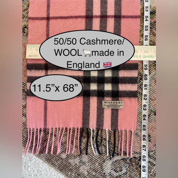 BURBERRY Salmon Pink Cashmere/WOOL  NOVA CHECK Scarf💞EUC💞11.5”x 68”🔥Very RARE - Picture 7 of 9